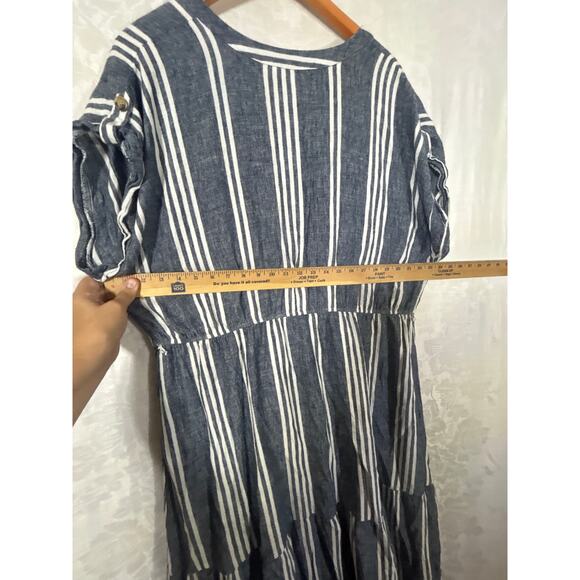 Linen Blend Sundress XXL 20 Blue White Striped Tiered Belted Tank Midi Time Tru - Picture 6 of 8